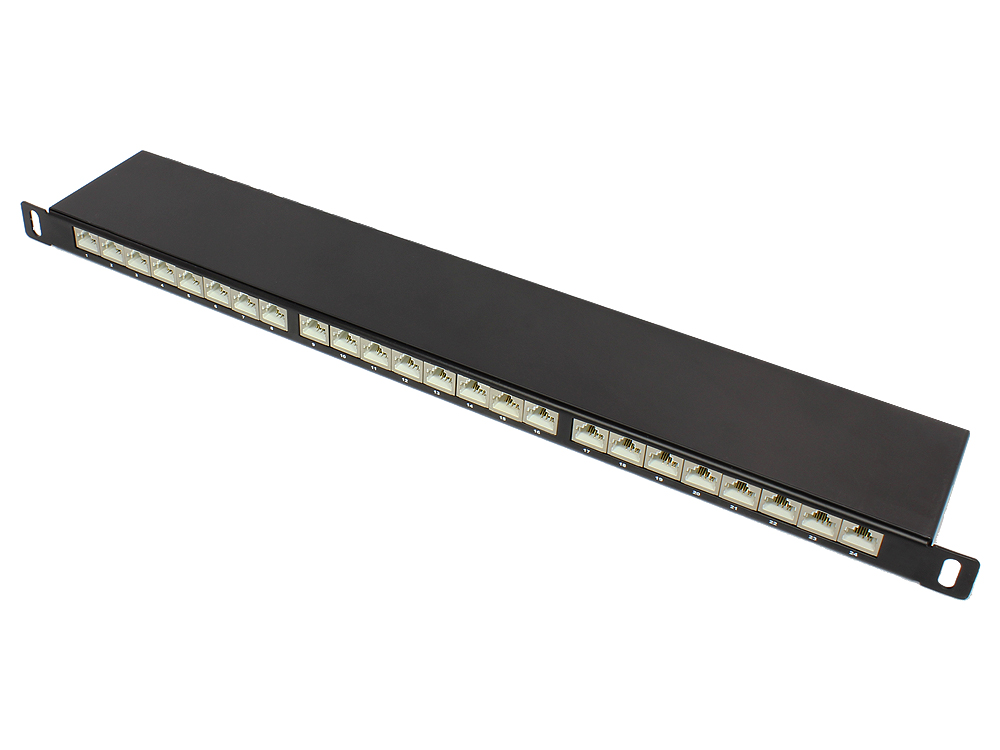 Patch Panel 19'' Cat.6A, geschirmt, STP, 0,5HE, 24-Port, schwarz RAL9005, Good Connections